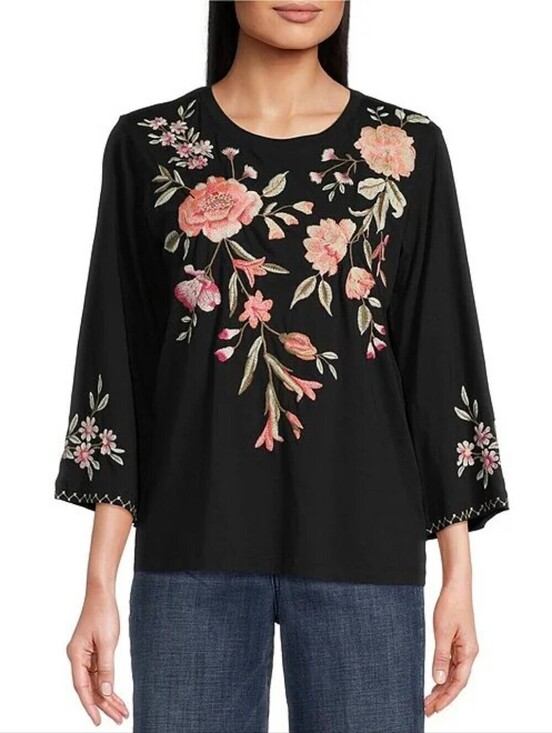 Johnny Was Tops - JOHNNY WASVienna Floral Embroidery Motif Long Kimono Sleeve Tee
